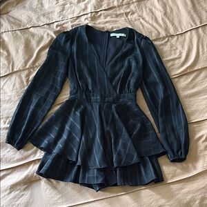 Black Textured Long Sleeve Peplum Romper